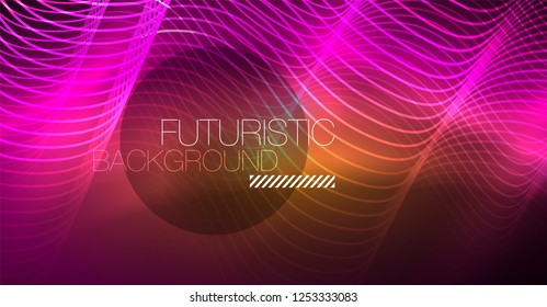 Abstract shiny glowinng color wave design element on dark background - science or technology concept, vector