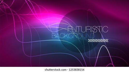 Abstract shiny glowinng color wave design element on dark background - science or technology concept, vector