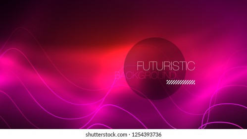 Abstract shiny glowinng color wave design element on dark background - science or technology concept, vector