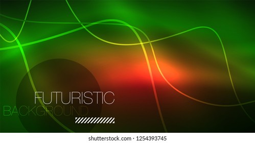 Abstract shiny glowinng color wave design element on dark background - science or technology concept, vector
