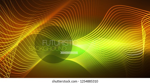 Abstract shiny glowinng color wave design element on dark background - science or technology concept, vector