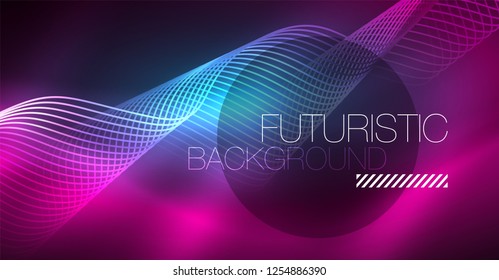 Abstract shiny glowinng color wave design element on dark background - science or technology concept, vector