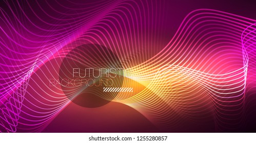 Abstract shiny glowinng color wave design element on dark background - science or technology concept, vector