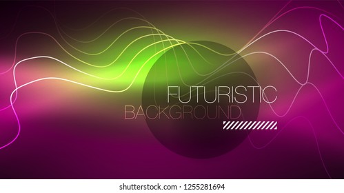 Abstract shiny glowinng color wave design element on dark background - science or technology concept, vector