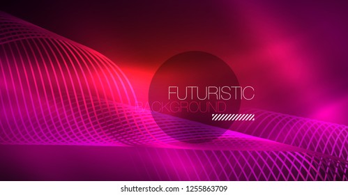 Abstract shiny glowinng color wave design element on dark background - science or technology concept, vector