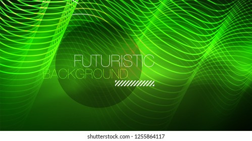 Abstract shiny glowinng color wave design element on dark background - science or technology concept, vector
