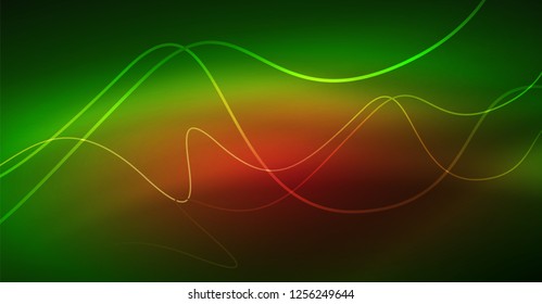 Abstract shiny glowinng color wave design element on dark background - science or technology concept, vector