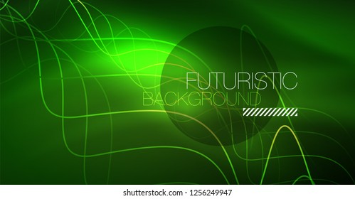 Abstract shiny glowinng color wave design element on dark background - science or technology concept, vector