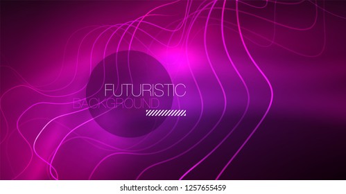 Abstract shiny glowinng color wave design element on dark background - science or technology concept, vector
