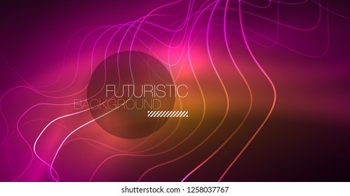 Abstract shiny glowinng color wave design element on dark background - science or technology concept, vector
