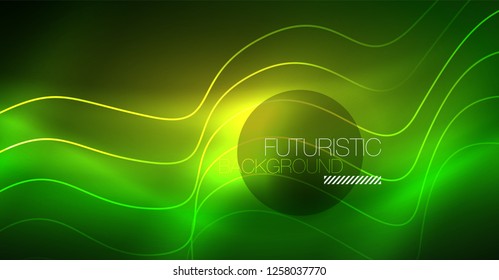 Abstract shiny glowinng color wave design element on dark background - science or technology concept, vector