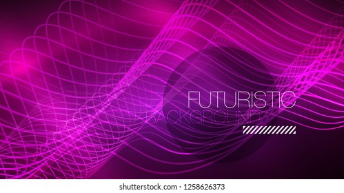 Abstract shiny glowinng color wave design element on dark background - science or technology concept, vector