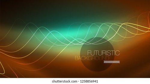 Abstract shiny glowinng color wave design element on dark background - science or technology concept, vector