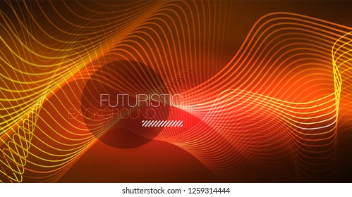 Abstract shiny glowinng color wave design element on dark background - science or technology concept, vector