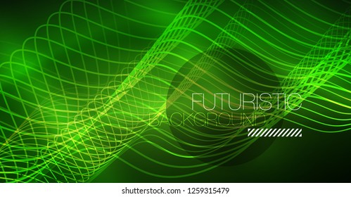 Abstract shiny glowinng color wave design element on dark background - science or technology concept, vector