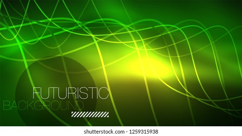 Abstract shiny glowinng color wave design element on dark background - science or technology concept, vector