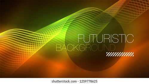 Abstract shiny glowinng color wave design element on dark background - science or technology concept, vector