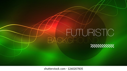 Abstract shiny glowinng color wave design element on dark background - science or technology concept, vector