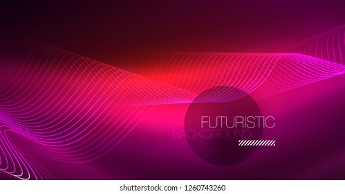 Abstract shiny glowinng color wave design element on dark background - science or technology concept, vector