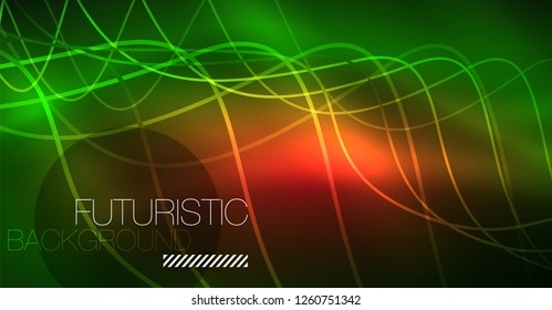 Abstract shiny glowinng color wave design element on dark background - science or technology concept, vector