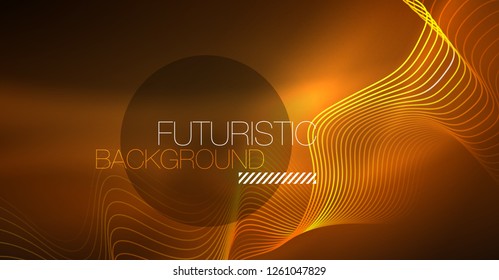 Abstract shiny glowinng color wave design element on dark background - science or technology concept, vector