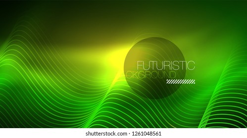 Abstract shiny glowinng color wave design element on dark background - science or technology concept, vector