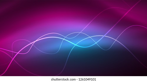 Abstract shiny glowinng color wave design element on dark background - science or technology concept, vector