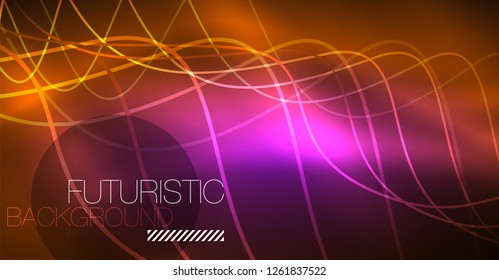 Abstract shiny glowinng color wave design element on dark background - science or technology concept, vector