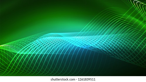 Abstract shiny glowinng color wave design element on dark background - science or technology concept, vector