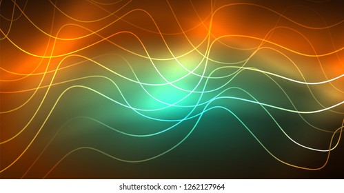 Abstract shiny glowinng color wave design element on dark background - science or technology concept, vector