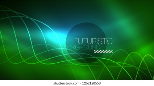 Abstract shiny glowinng color wave design element on dark background - science or technology concept, vector