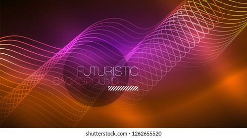 Abstract shiny glowinng color wave design element on dark background - science or technology concept, vector