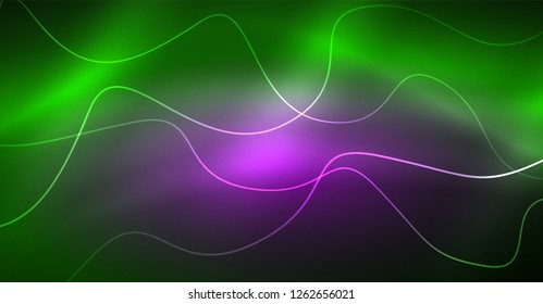 Abstract shiny glowinng color wave design element on dark background - science or technology concept, vector
