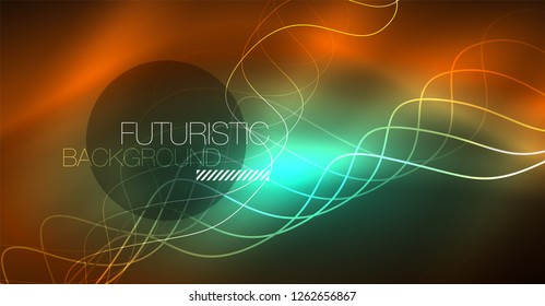 Abstract shiny glowinng color wave design element on dark background - science or technology concept, vector