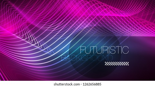 Abstract shiny glowinng color wave design element on dark background - science or technology concept, vector