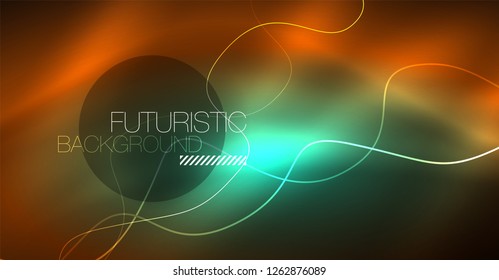 Abstract shiny glowinng color wave design element on dark background - science or technology concept, vector