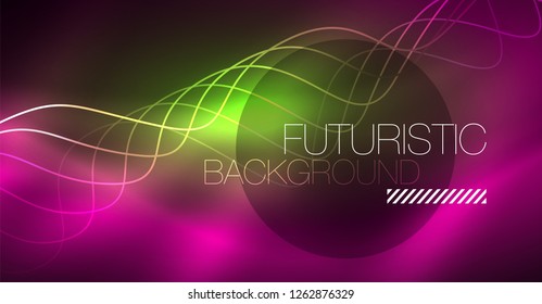 Abstract shiny glowinng color wave design element on dark background - science or technology concept, vector
