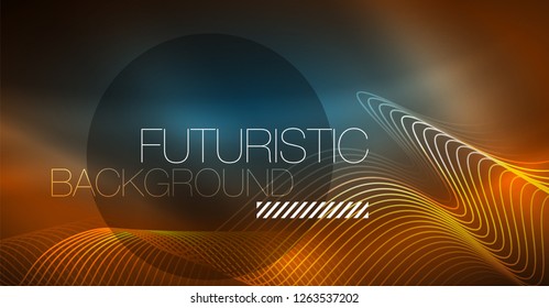 Abstract shiny glowinng color wave design element on dark background - science or technology concept, vector