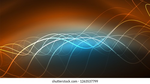 Abstract shiny glowinng color wave design element on dark background - science or technology concept, vector