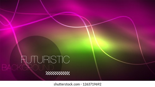 Abstract shiny glowinng color wave design element on dark background - science or technology concept, vector