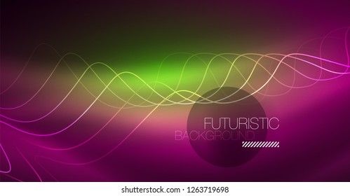 Abstract shiny glowinng color wave design element on dark background - science or technology concept, vector