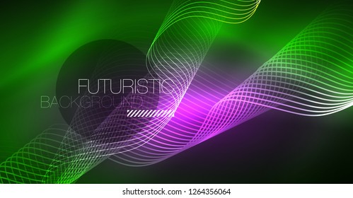 Abstract shiny glowinng color wave design element on dark background - science or technology concept, vector