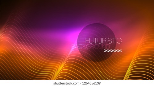 Abstract shiny glowinng color wave design element on dark background - science or technology concept, vector