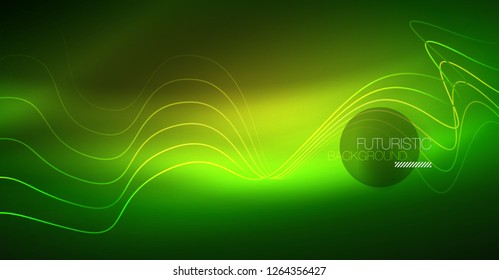 Abstract shiny glowinng color wave design element on dark background - science or technology concept, vector