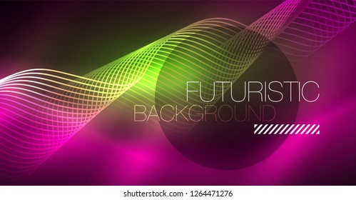 Abstract shiny glowinng color wave design element on dark background - science or technology concept, vector