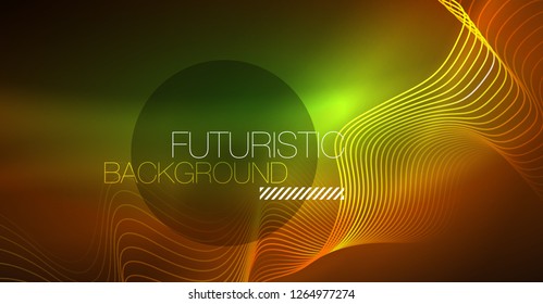 Abstract shiny glowinng color wave design element on dark background - science or technology concept, vector