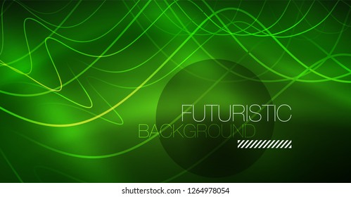 Abstract shiny glowinng color wave design element on dark background - science or technology concept, vector