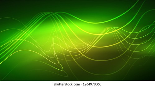Abstract shiny glowinng color wave design element on dark background - science or technology concept, vector