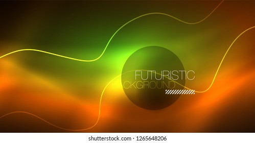 Abstract shiny glowinng color wave design element on dark background - science or technology concept, vector
