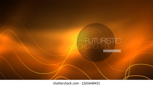 Abstract shiny glowinng color wave design element on dark background - science or technology concept, vector
